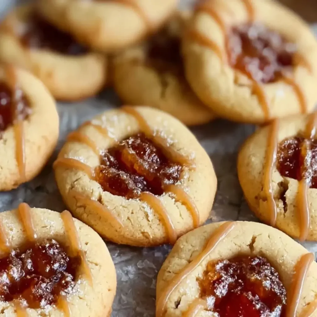 A close-up shot of several golden-brown thumbprint cookies filled with rich, dark apple butter and drizzled with smooth caramel sauce.