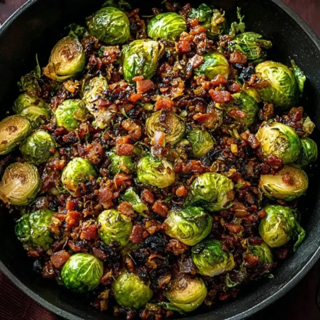 A close-up shot of roasted, caramelized Brussels sprouts tossed with a dark, glistening bacon jam in a black cast-iron skillet.