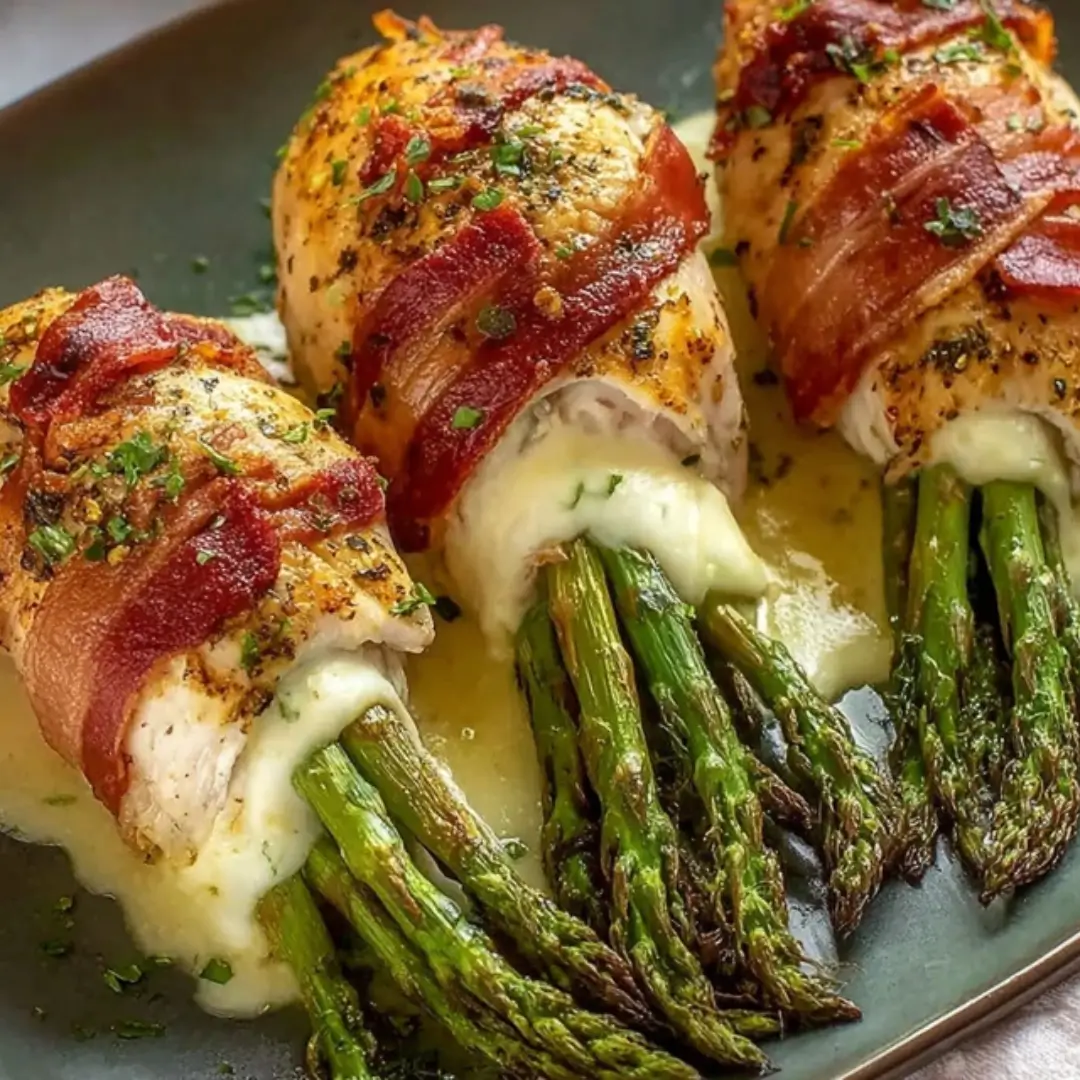 Three bacon-wrapped stuffed chicken breasts filled with melted white cheese and fresh green asparagus spears on a dark serving platter.