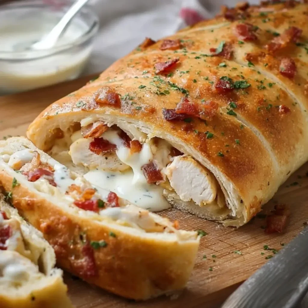 A cross-section view of a golden-brown Chicken Bacon Ranch Stromboli sliced on a wooden cutting board, revealing the gooey mozzarella and cheddar cheese, white chicken pieces, and crispy bacon inside. A small bowl of ranch dressing is visible in the background.