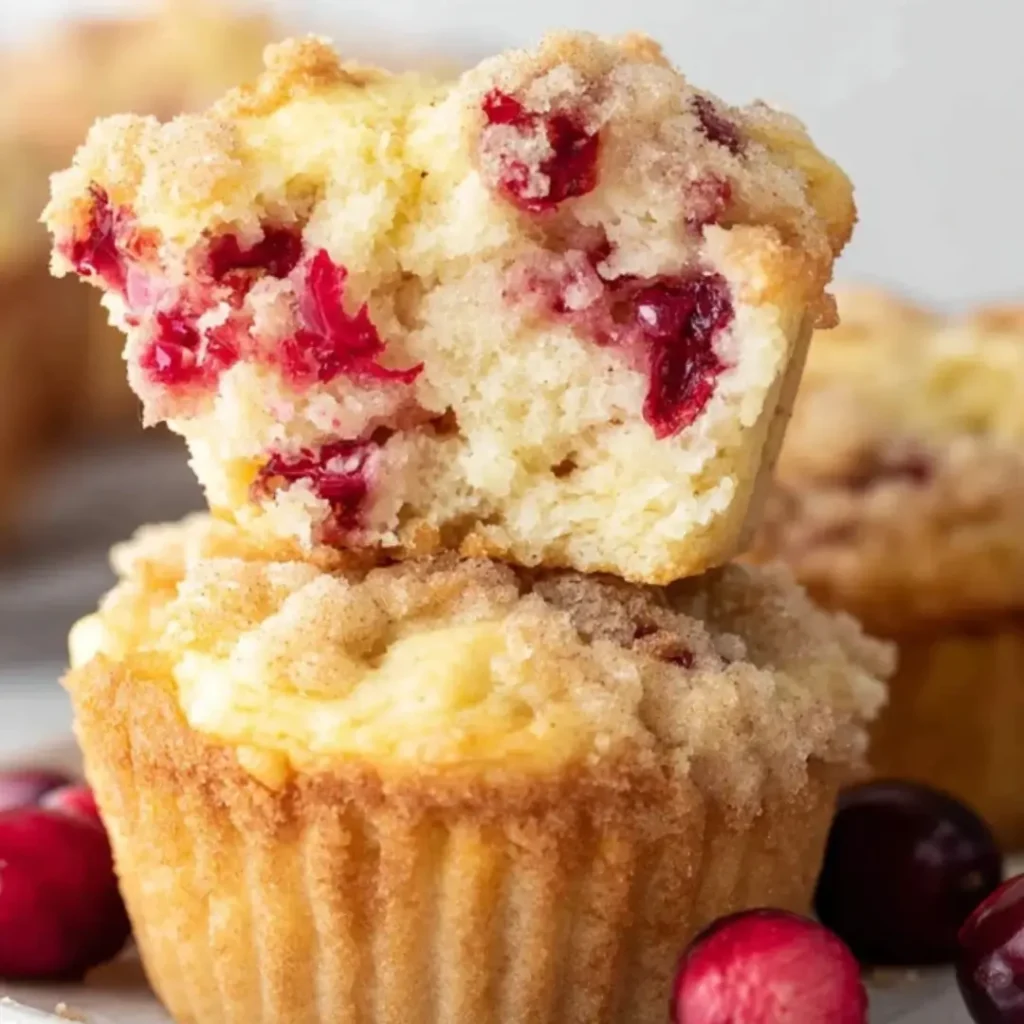 Close-up of a stacked Cranberry Cream Cheese Muffin, split open to show a fluffy interior with tart red cranberries and a creamy cheesecake center, topped with a golden streusel crumble.