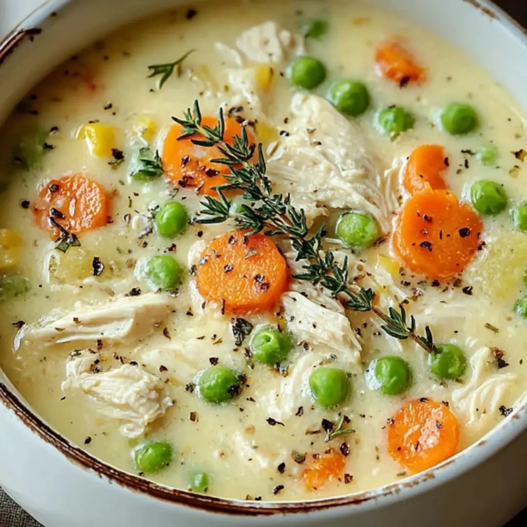 A close-up shot of a bowl filled with creamy, rich Keto Chicken Pot Pie Soup, featuring shredded chicken, bright orange carrot slices, green peas, and fresh thyme sprigs on top.