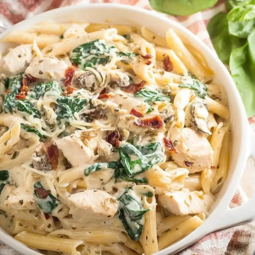 A white bowl filled with creamy penne pasta, chunks of sliced chicken breast, wilted spinach, and sun-dried tomatoes, all tossed in a rich Parmesan cream sauce.