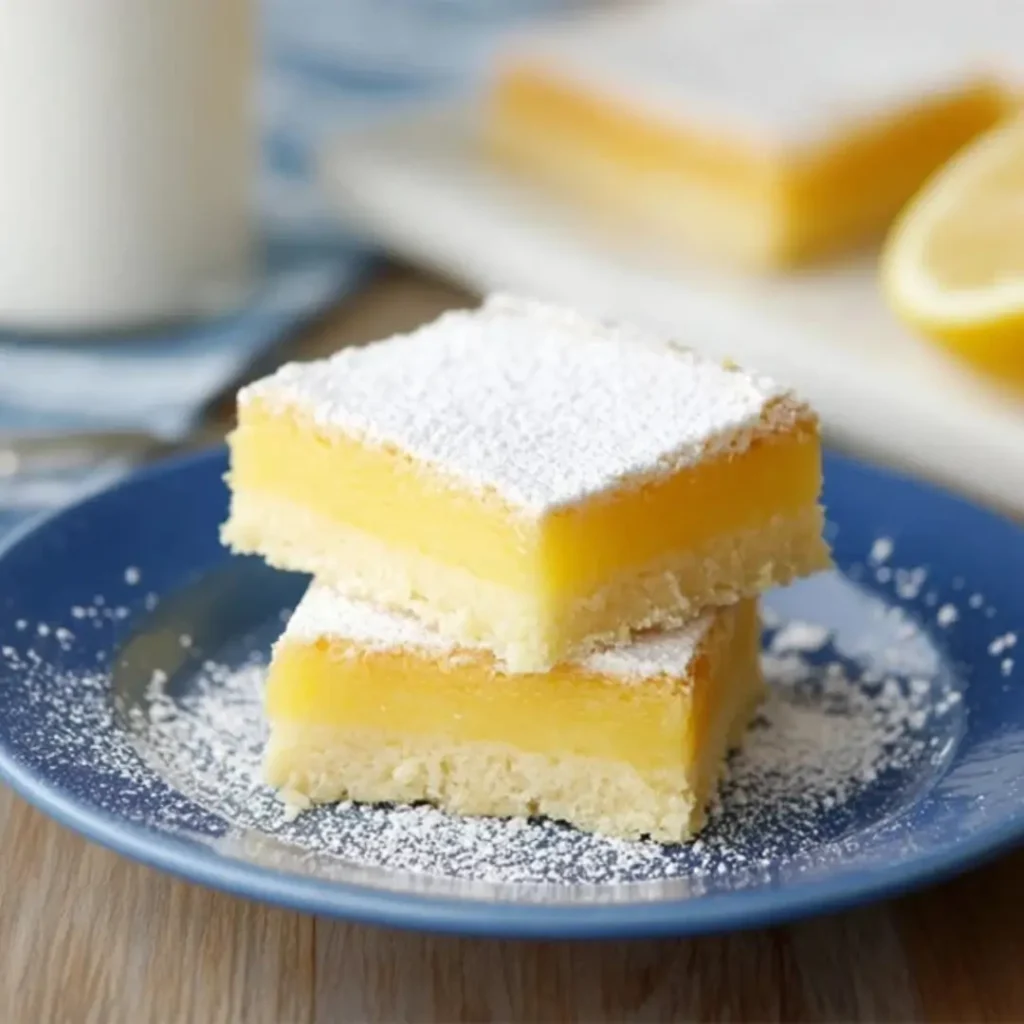 Two Easy Lemon Squares stacked on a blue plate and dusted generously with powdered sugar, showing the thick shortbread crust and bright yellow, set lemon filling.