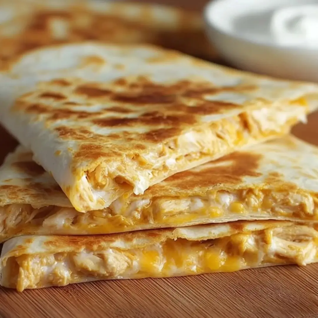 A stack of crispy, golden-brown homemade chicken quesadillas filled with melted cheese and zesty jalapeño sauce on a wooden board.