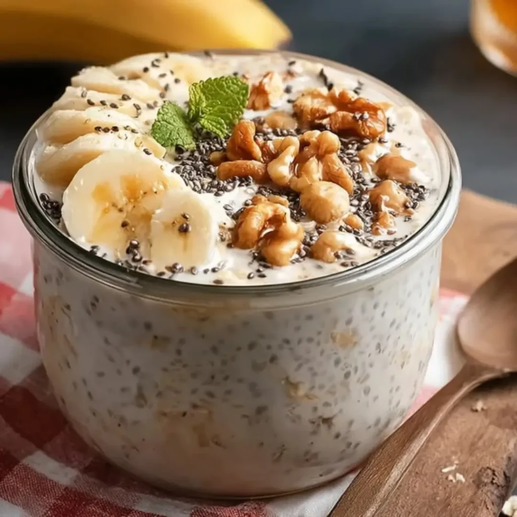 A glass jar filled with creamy vegan overnight oats topped with sliced bananas, crunchy walnuts, chia seeds, and a fresh mint leaf.