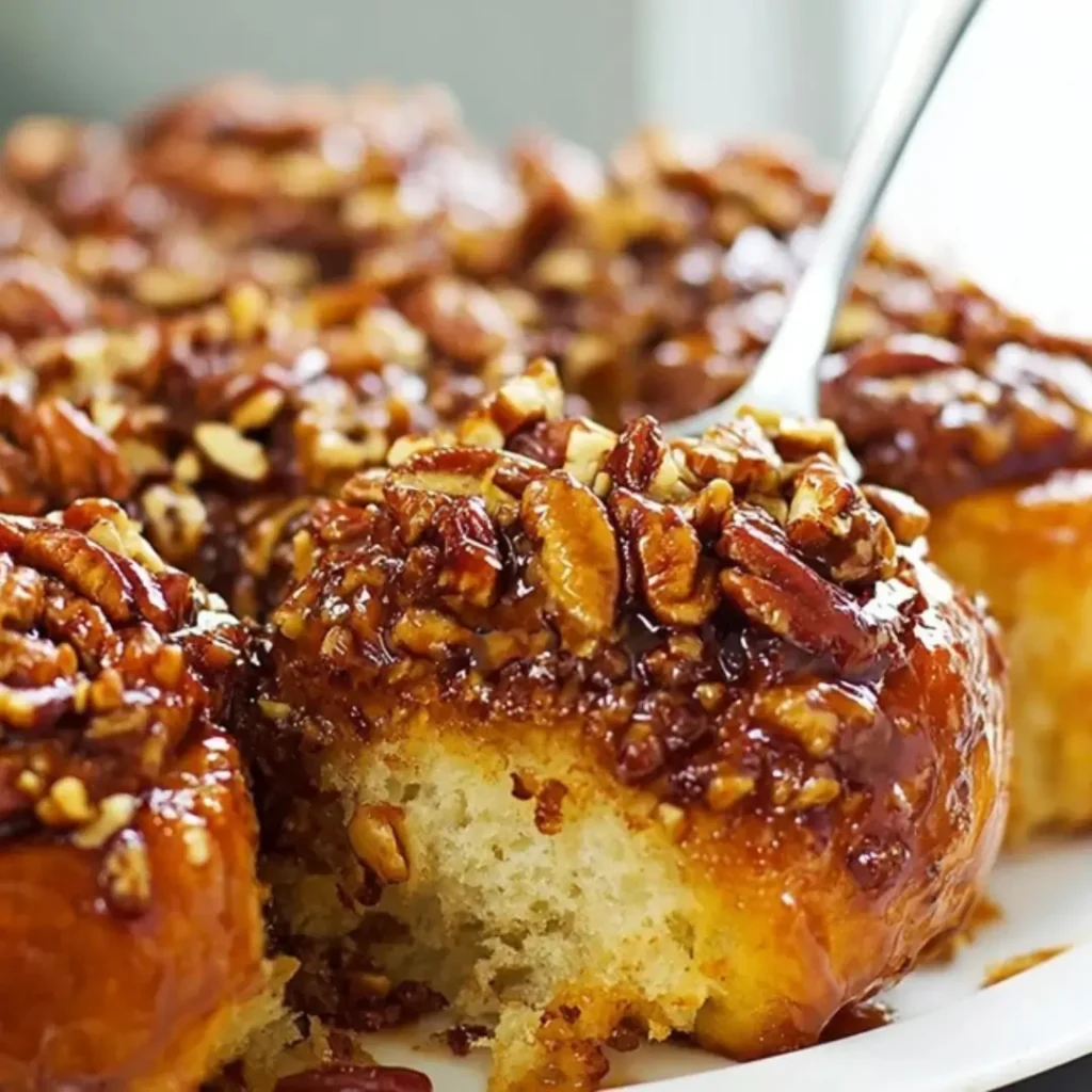 Close-up shot of a fluffy, golden-brown Pecan Sticky Bun pulled from a batch, topped with a thick, glistening caramel glaze and a generous layer of crunchy chopped pecans.