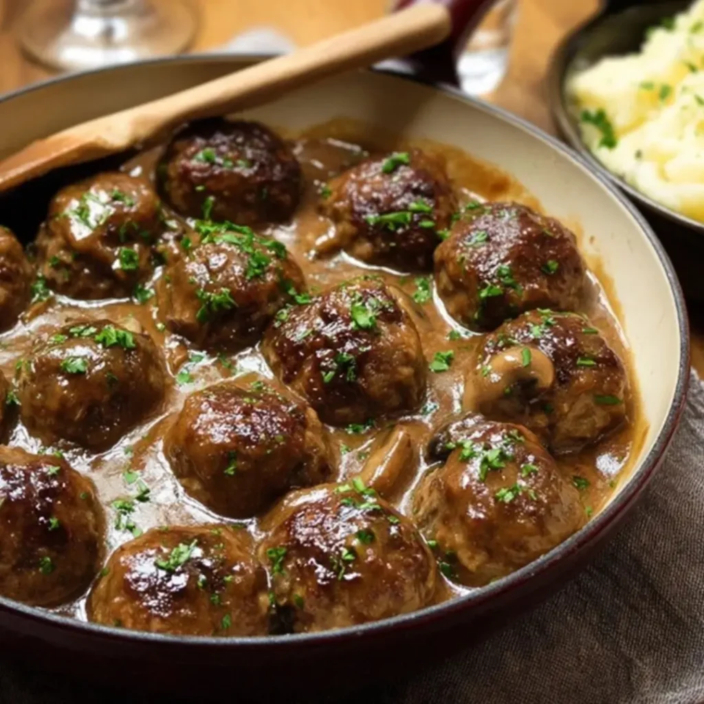 A close-up view of richly browned Salisbury Steak Meatballs simmering in a thick, savory brown gravy, garnished with fresh chopped parsley, served in a maroon skillet next to a bowl of mashed potatoes.