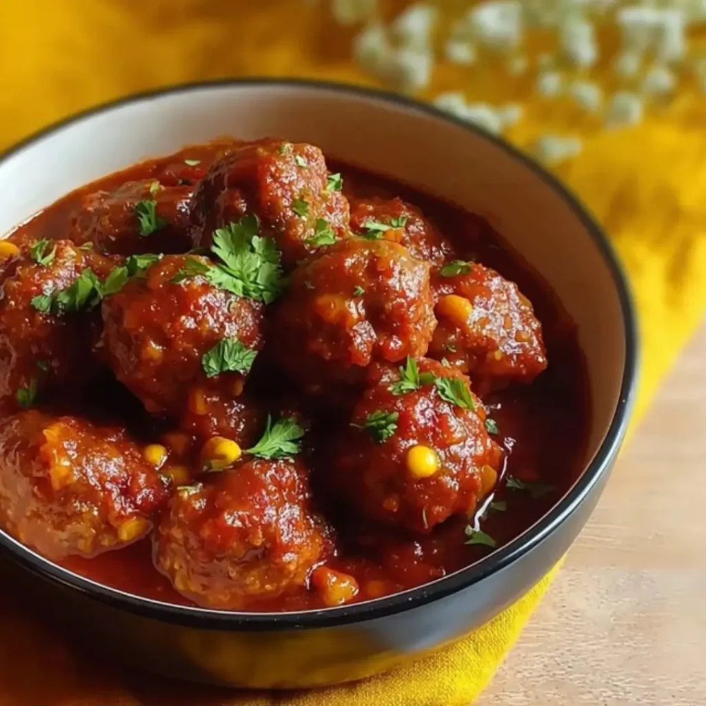 A close-up shot of a black bowl filled with juicy slow cooker chili meatballs in a rich, thick red sauce, topped with fresh green parsley and served on a yellow napkin.