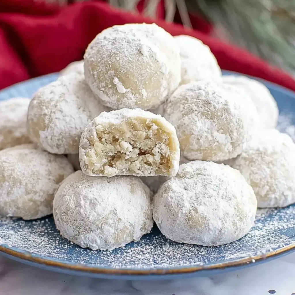 A close-up of a stack of buttery, round Snowball Cookies dusted heavily with powdered sugar on a blue plate, with one cookie broken in half to show the crumbly, nutty interior.