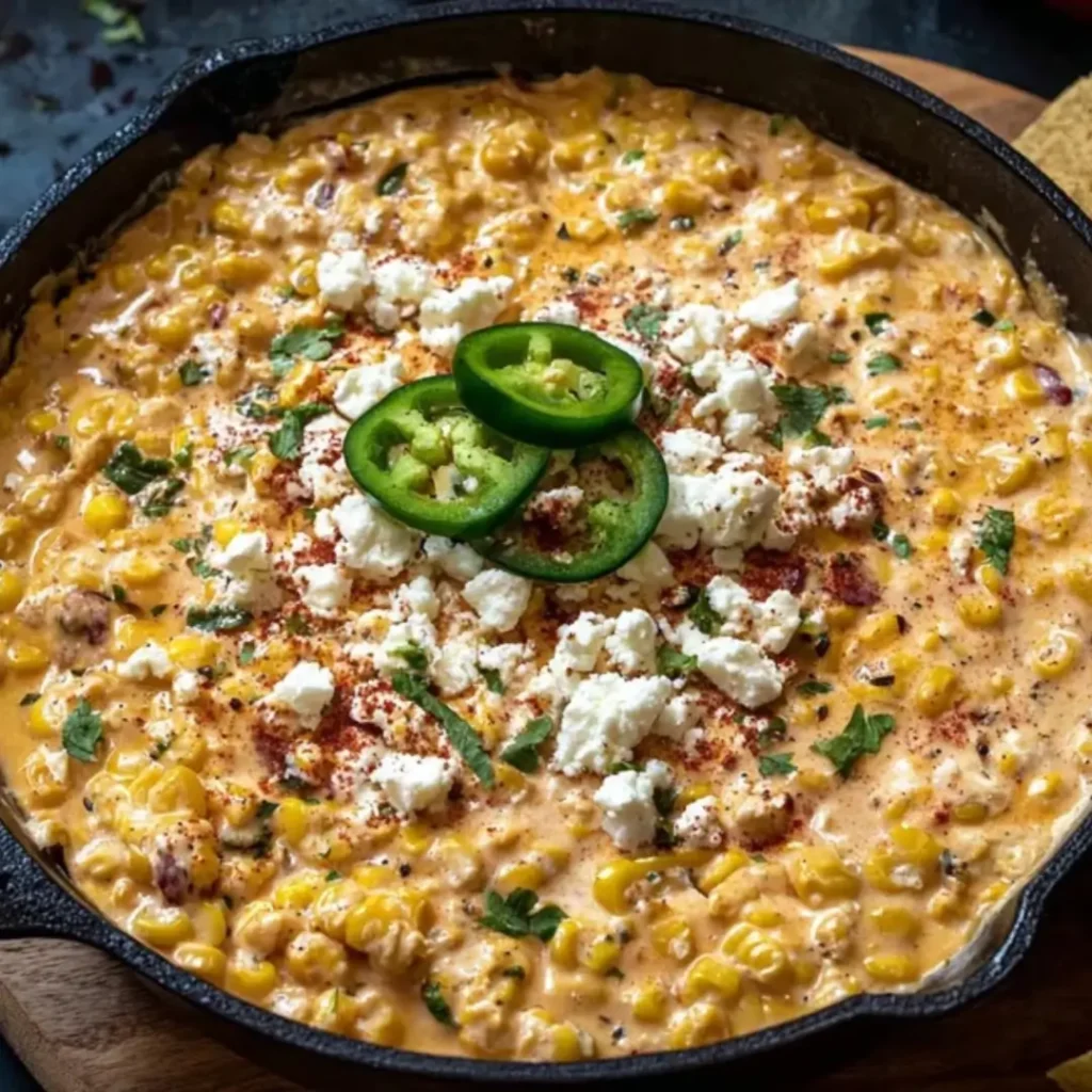 A cast-iron skillet filled with creamy Street Corn Queso, topped with charred corn kernels, crumbled cotija cheese, fresh cilantro, and sliced jalapeños.