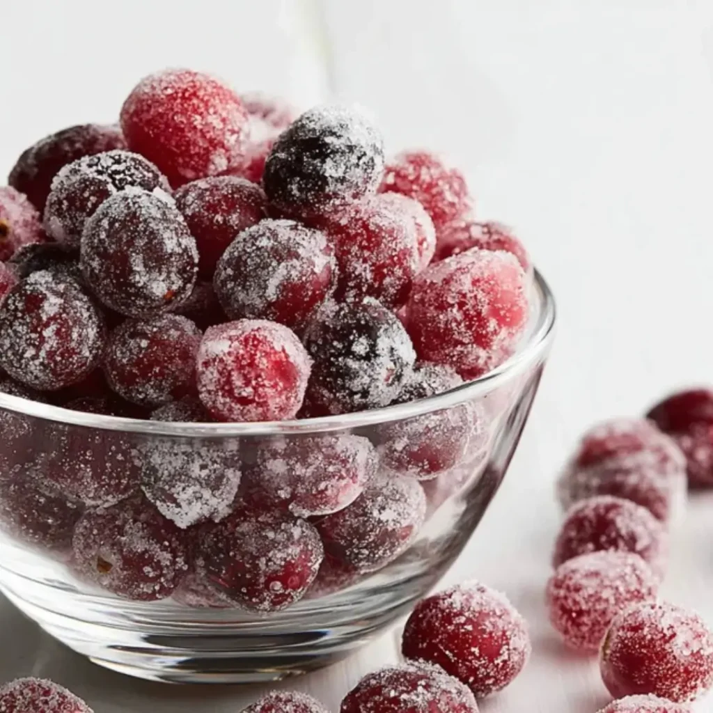 A clear glass bowl filled with sparkling sugared cranberries, showcasing a frosty white sugar coating over vibrant red and deep purple berries on a white wooden surface.