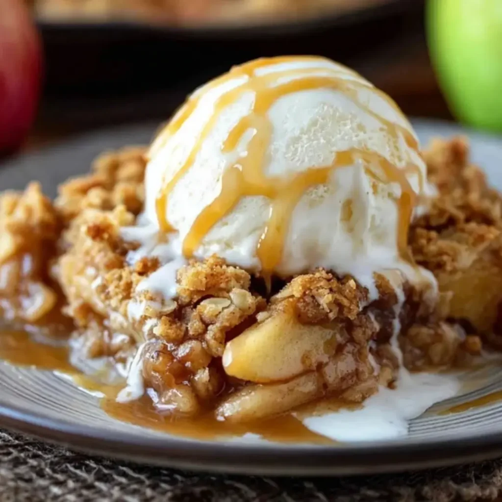 A warm serving of homemade apple crisp topped with a melting scoop of vanilla ice cream and a drizzle of golden caramel sauce.