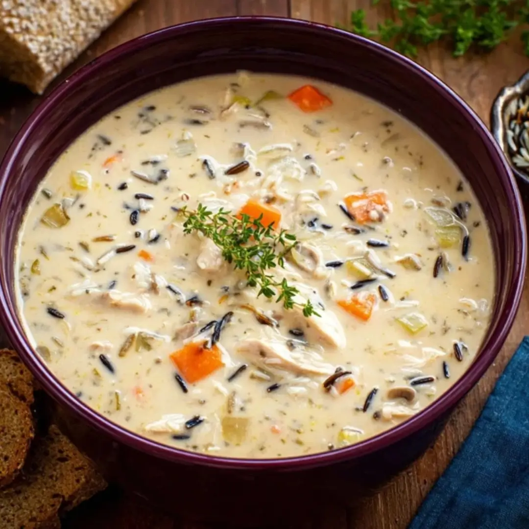 A bowl of creamy Turkey Wild Rice Soup topped with fresh herbs, served alongside crusty whole-grain bread.