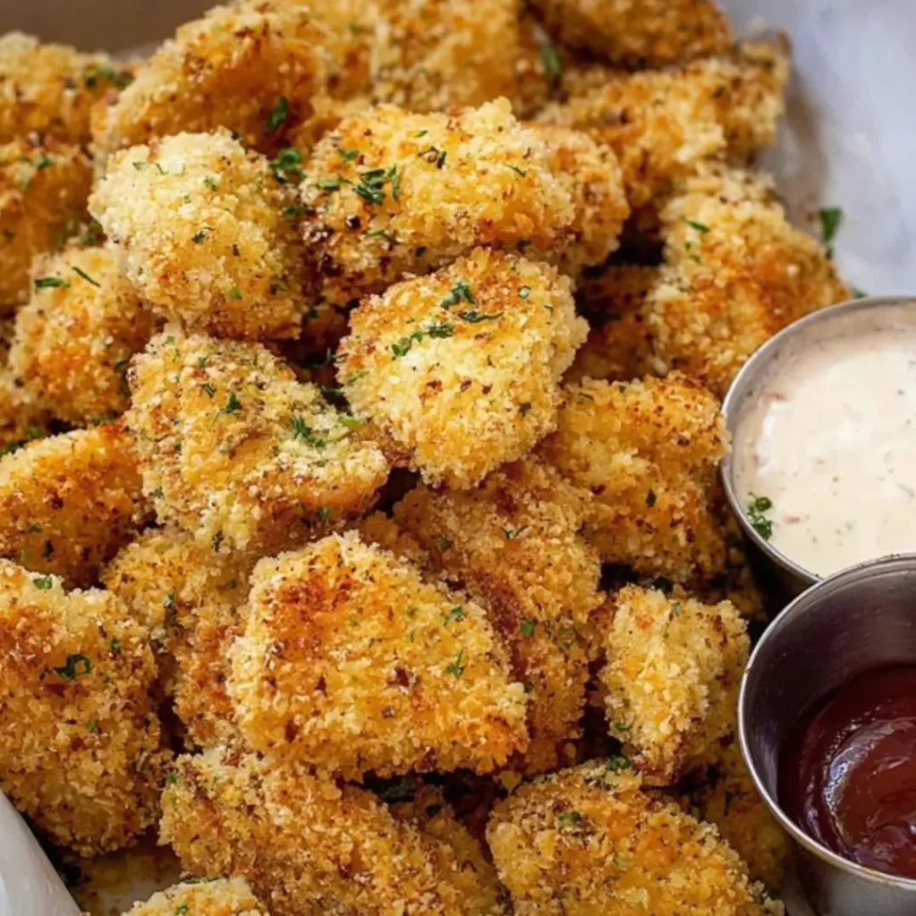 A close-up pile of golden-brown, crispy baked popcorn chicken bites garnished with fresh parsley, served with side cups of ranch and barbecue sauce.