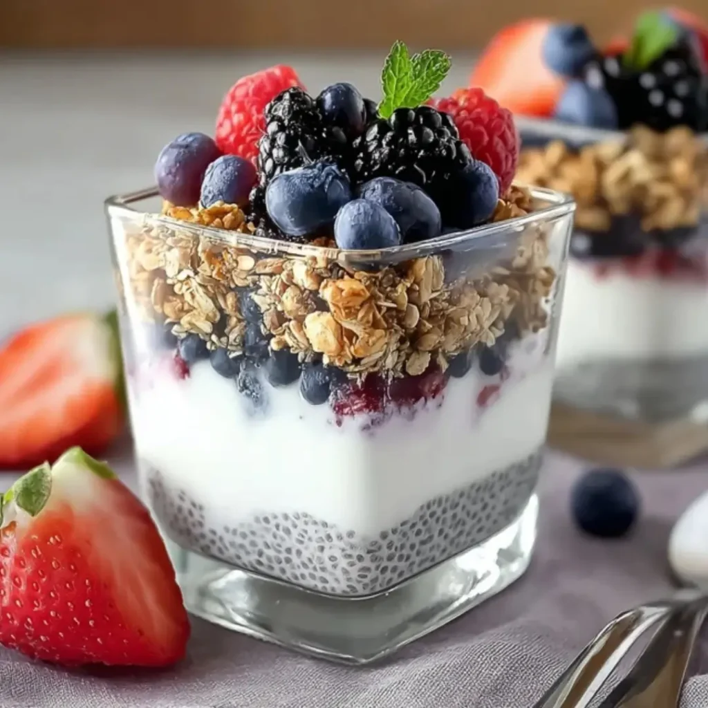 A layered Greek yogurt parfait in a square glass cup featuring a base of chia seed pudding, a thick layer of creamy white yogurt, crunchy golden granola, and topped with fresh blackberries, blueberries, and raspberries.