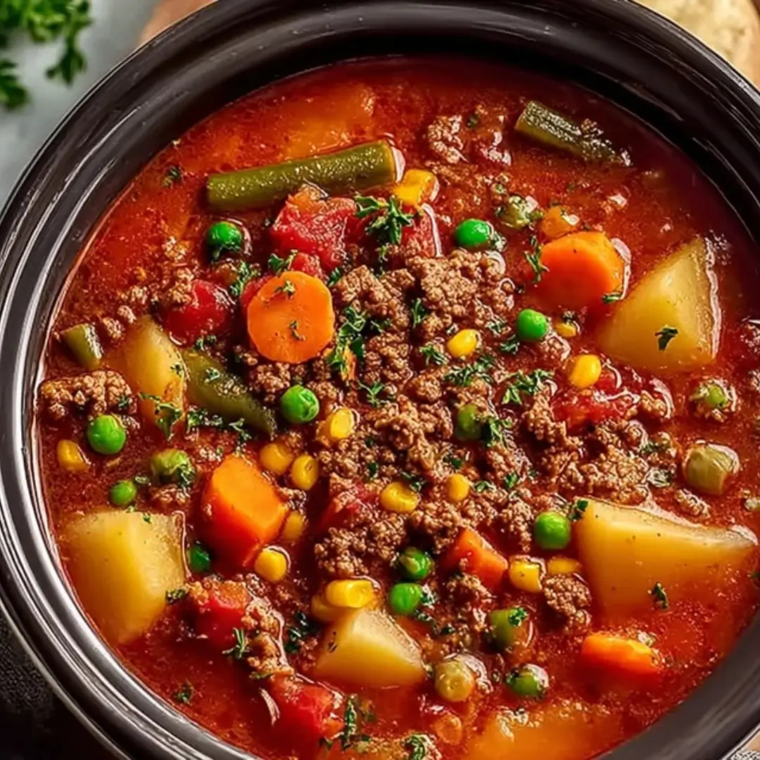 A close-up overhead view of a hearty Crockpot Ground Beef Soup in a black bowl, featuring chunks of potatoes, carrots, green beans, corn, and browned ground beef in a rich tomato-based broth topped with fresh parsley.