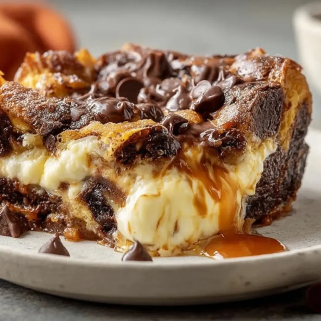 A close-up slice of decadent chocolate cream cheese bread pudding with molten chocolate chips and a gooey cream cheese center on a white plate.