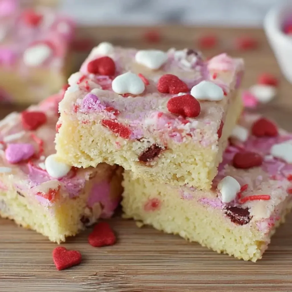 Soft and chewy Valentine’s Day sugar cookie bars with pink frosting and heart-shaped sprinkles stacked on a wooden board.