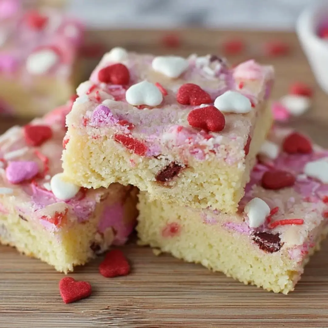 Soft and chewy Valentine’s Day sugar cookie bars with pink frosting and heart-shaped sprinkles stacked on a wooden board.