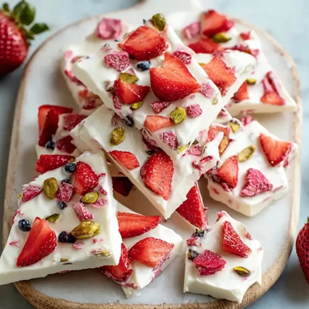 Slabs of frozen Greek yogurt bark topped with fresh sliced strawberries, blueberries, and green pistachios on a wooden serving board.