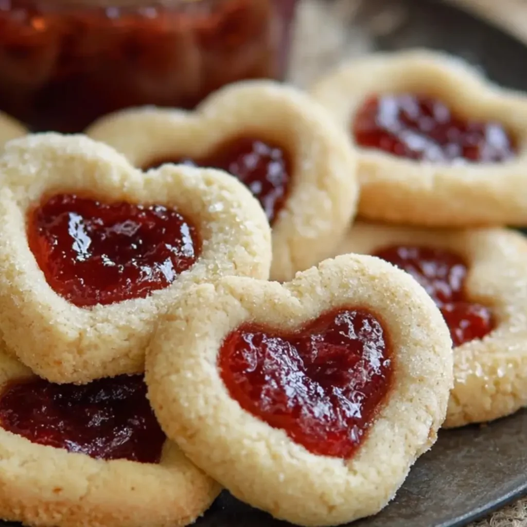 A close-up shot of heart-shaped shortbread cookies with vibrant red strawberry jam centers on a dark plate.