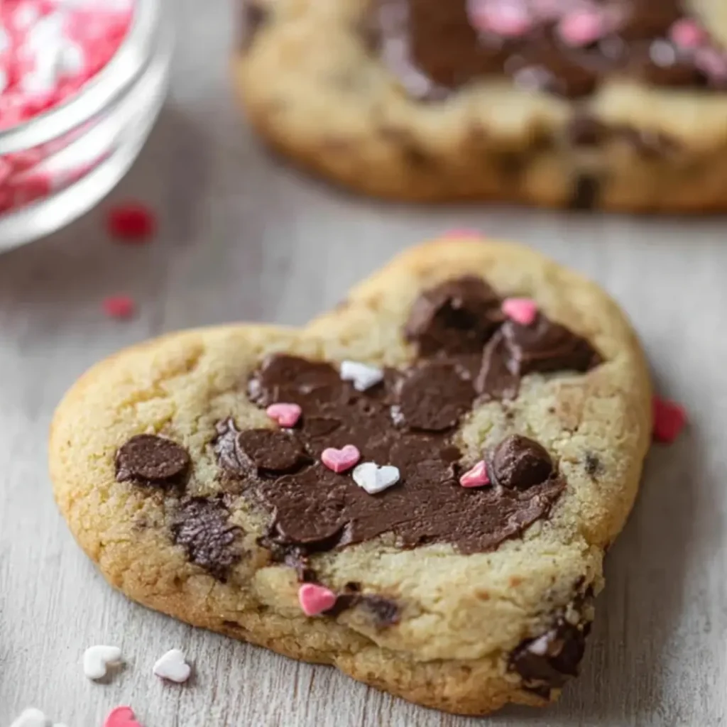 A close-up of a thick, soft heart-shaped chocolate chip cookie topped with melted chocolate and tiny pink and white heart sprinkles.