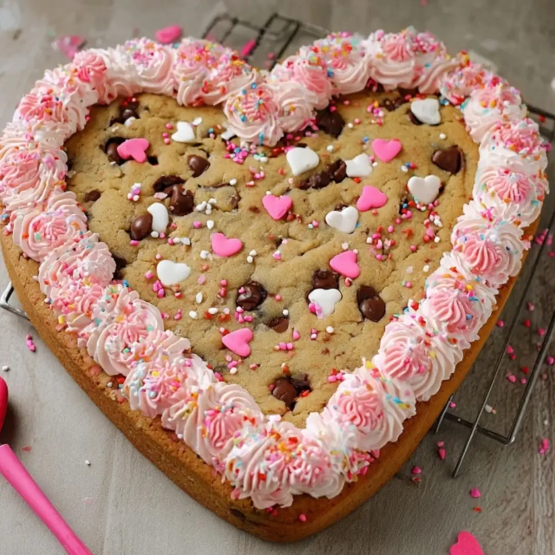 A thick, heart-shaped chocolate chip cookie cake decorated with a pink frosting border, rainbow sprinkles, and heart-shaped candies.