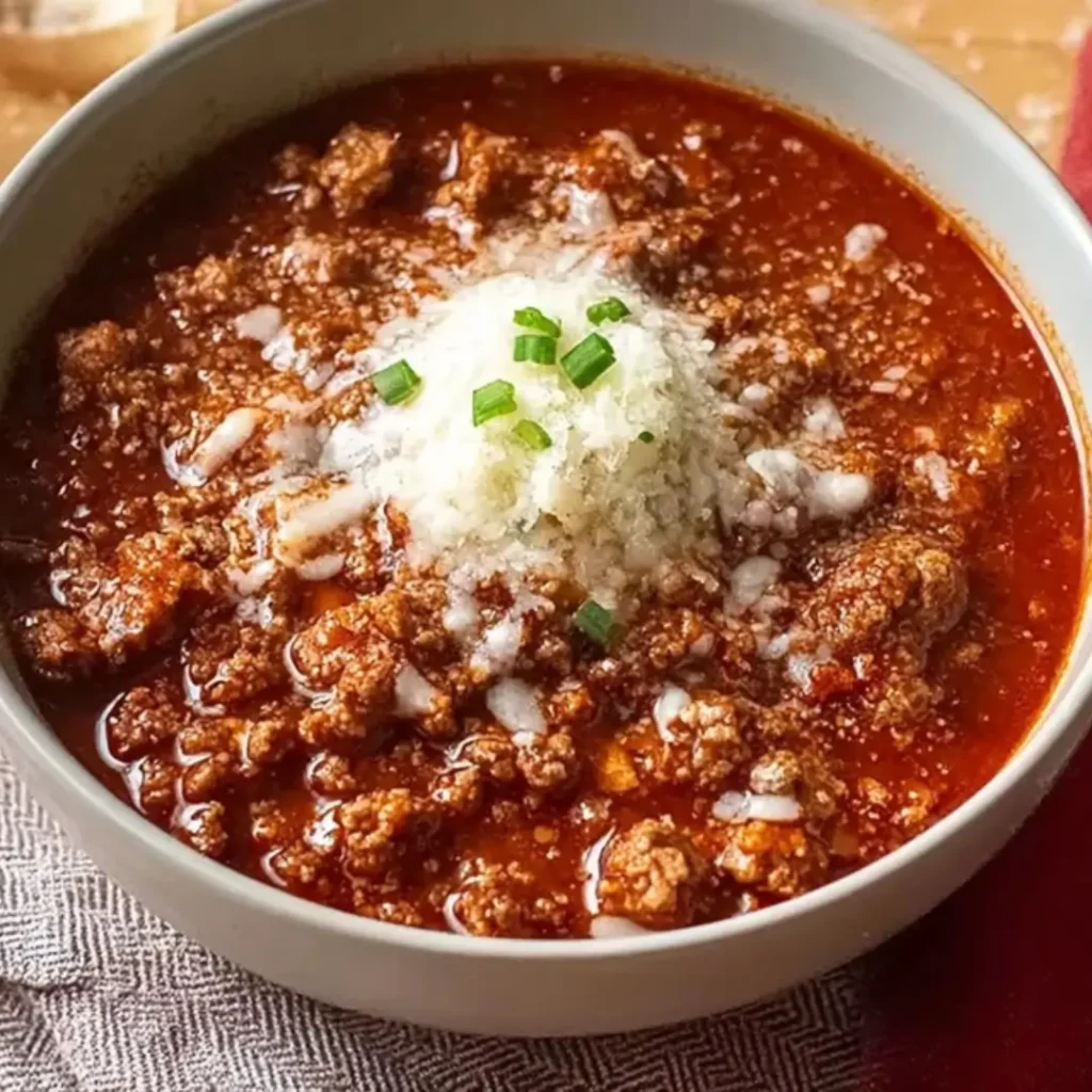 A close-up bowl of thick, meaty Homemade Lone Star Chili topped with shredded white cheese and chopped green onions.