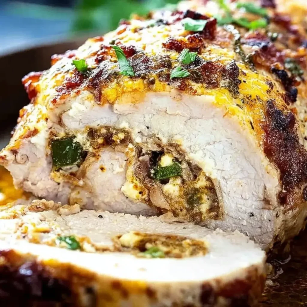A succulent, roasted chicken loin sliced open to reveal a creamy stuffing of melted cheese and green jalapenos, topped with a golden crust and fresh herbs.