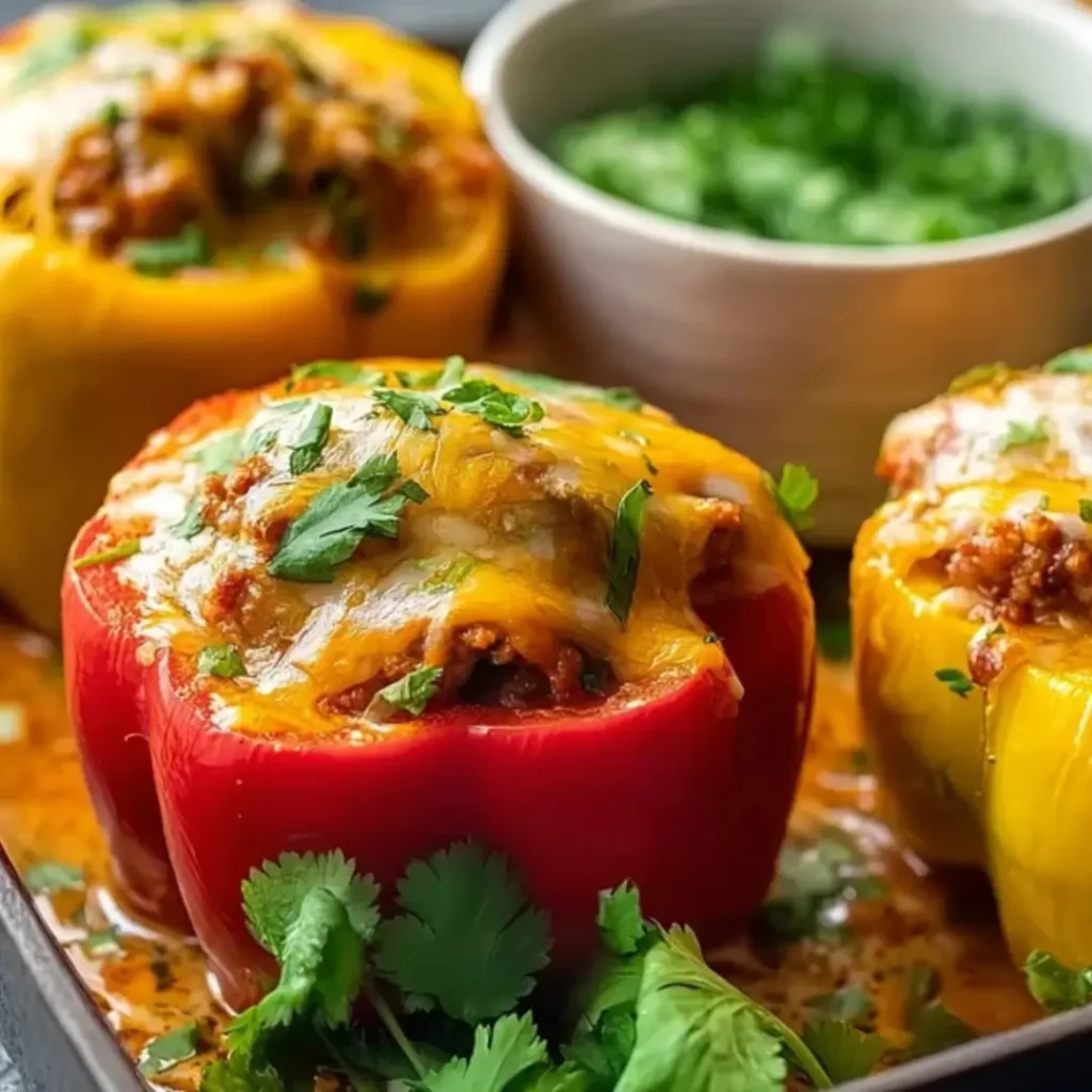 Vibrant red and yellow bell peppers stuffed with seasoned ground turkey and melted cheddar cheese, garnished with fresh cilantro in a baking dish.