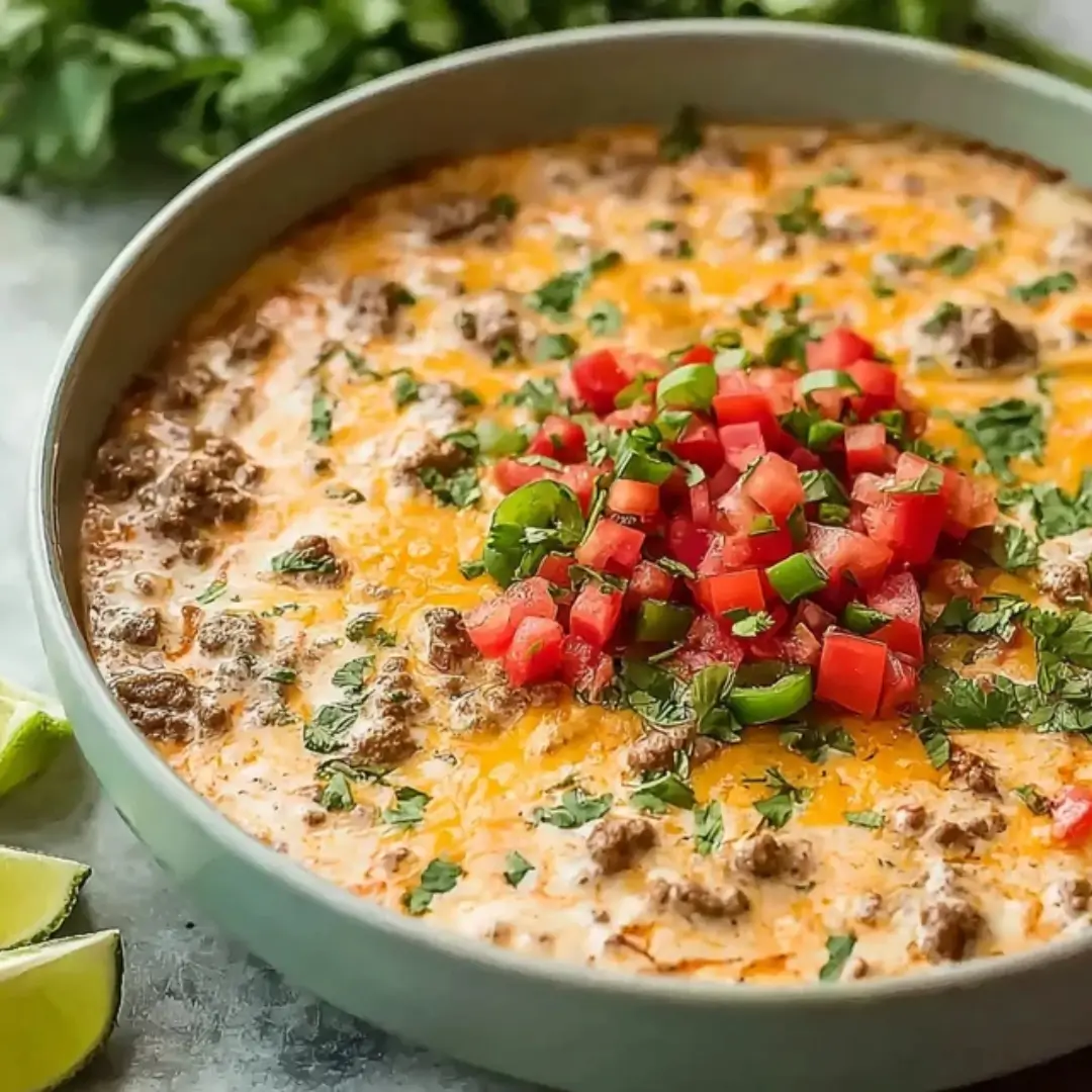A creamy, bubbly Keto Rotel Dip with browned ground beef, melted cheddar cheese, and fresh diced tomato and cilantro garnish in a grey bowl.