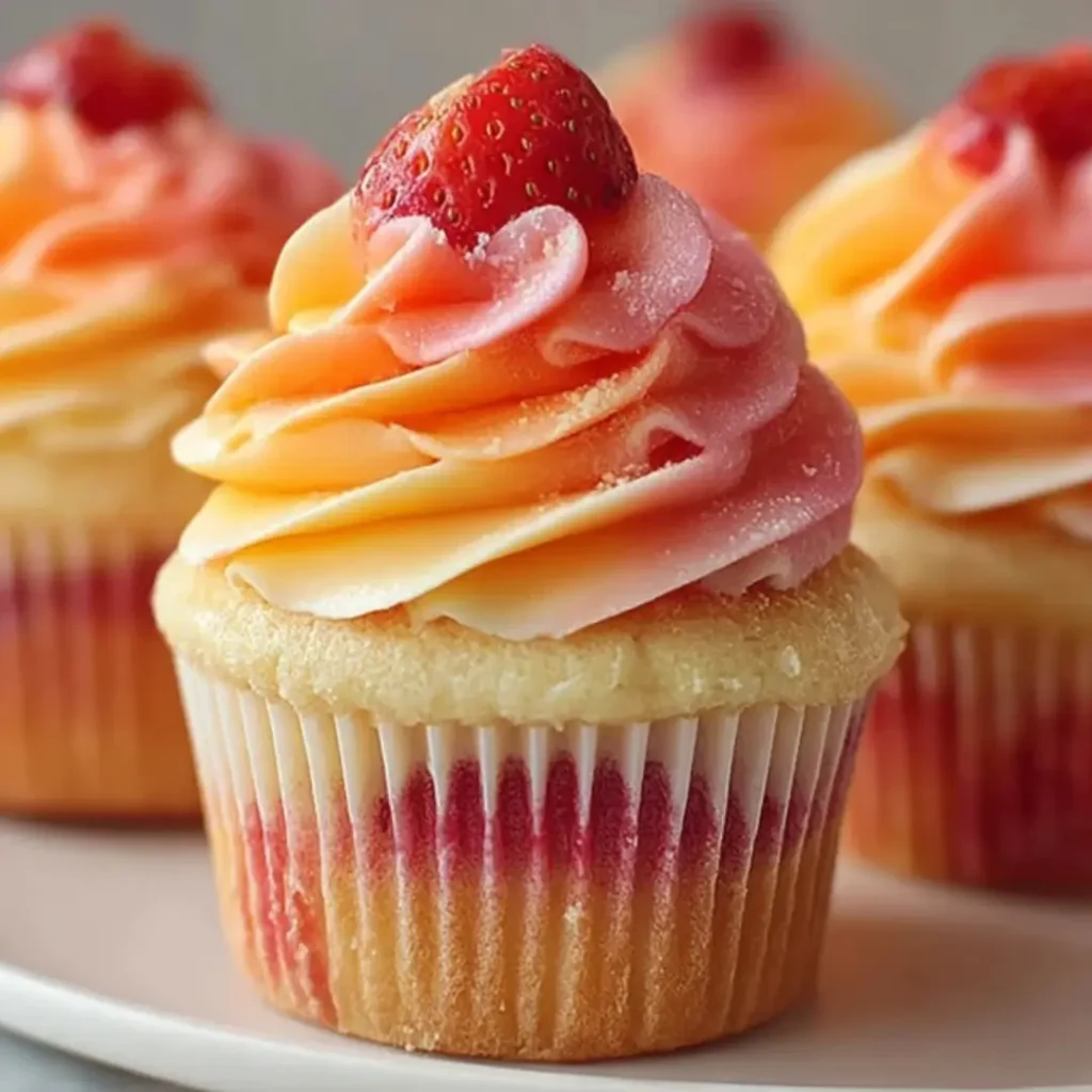 A close-up of a Mango Strawberry Sunset Cupcake with a vibrant orange and pink swirl of fruit-infused frosting, topped with a fresh strawberry.