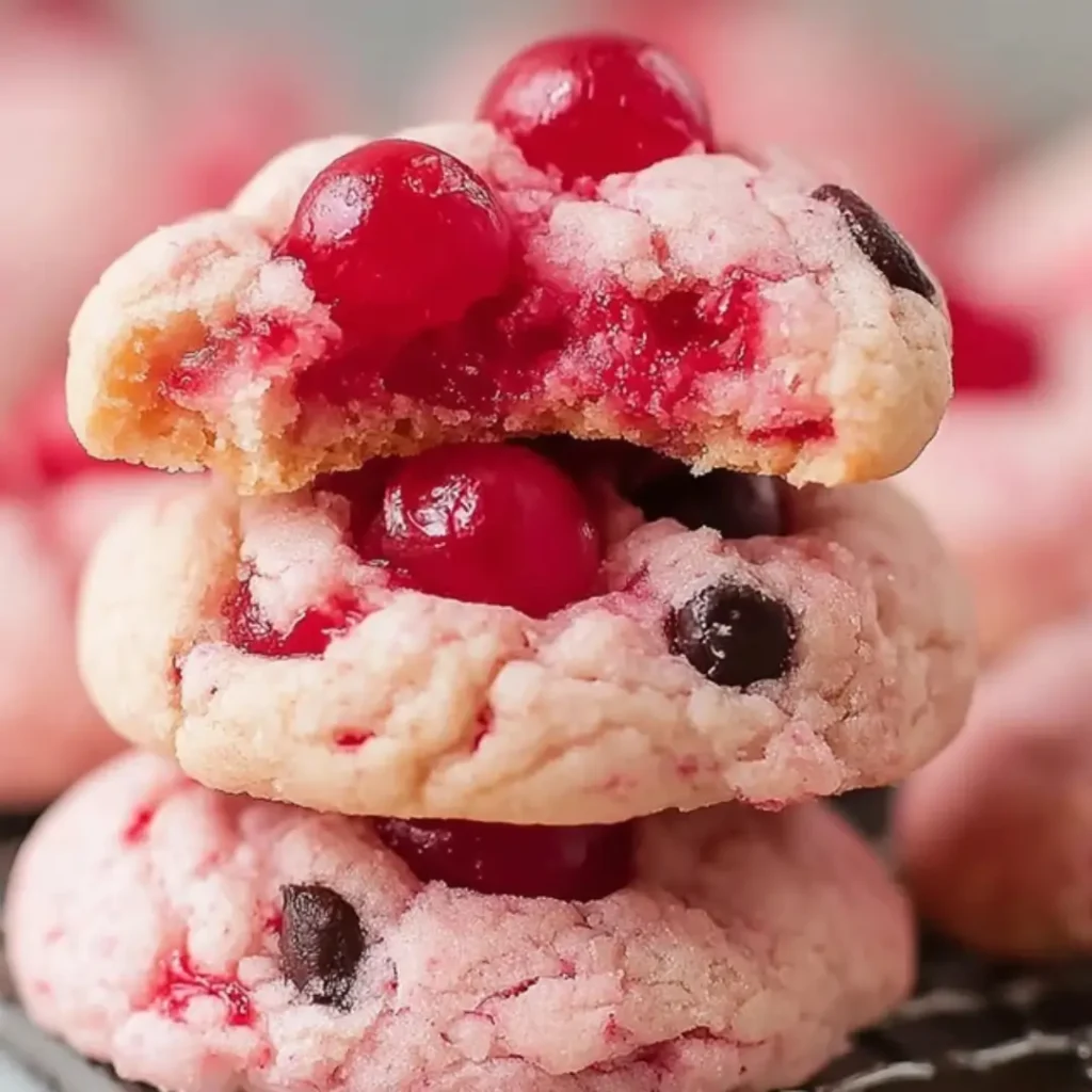 A stack of soft, pink maraschino cherry cookies with white chocolate chips, featuring a close-up of a broken cookie showing a gooey cherry center.