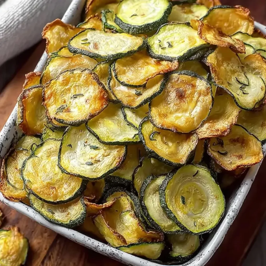 A close-up overhead shot of crispy, golden-brown dehydrated zucchini chips seasoned with herbs in a white ceramic dish.