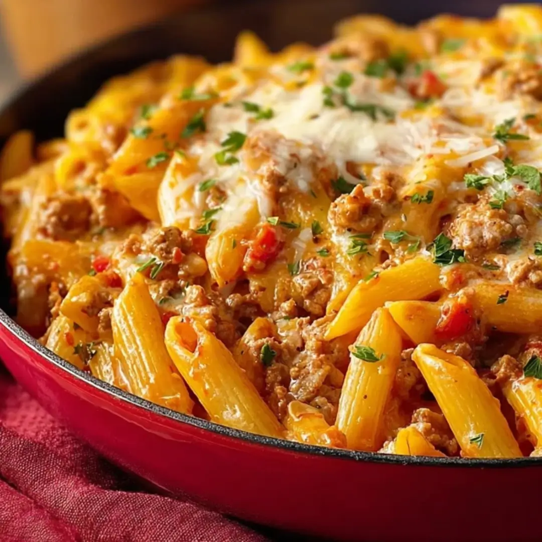A close-up of creamy Ground Turkey Pasta with penne noodles, melted Parmesan cheese, and fresh parsley in a red skillet.