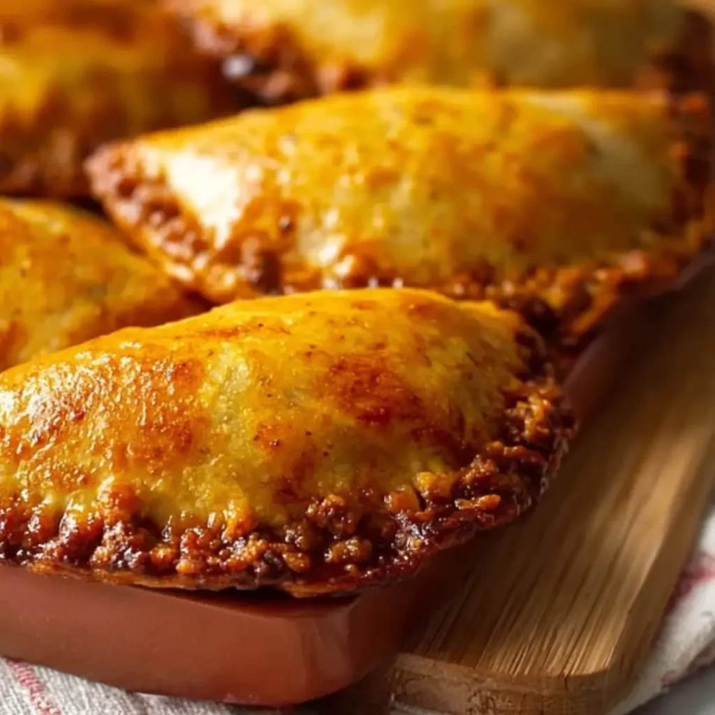 A close-up shot of golden-brown, spiced baked ground turkey topped with melted cheese in a baking dish.