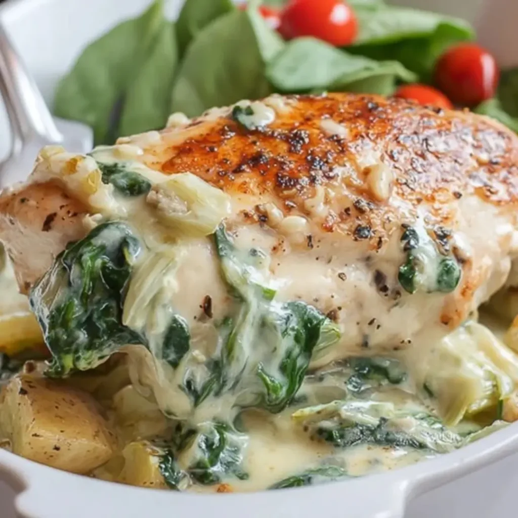 Close-up of golden-brown seared chicken breast smothered in a creamy white spinach and artichoke sauce, served in a white ceramic baking dish with fresh greens and cherry tomatoes in the background.