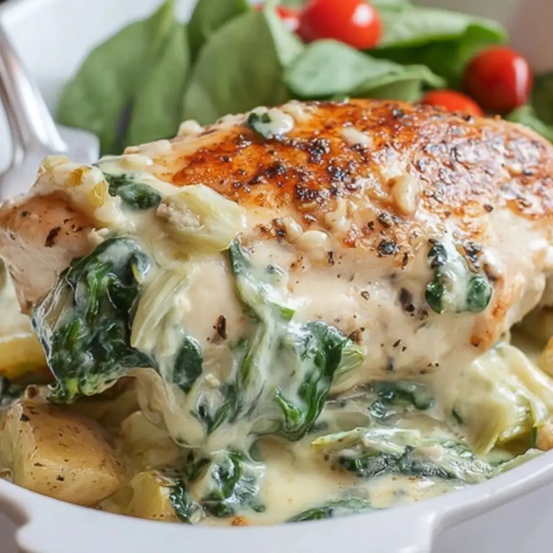 Close-up of golden-brown seared chicken breast smothered in a creamy white spinach and artichoke sauce, served in a white ceramic baking dish with fresh greens and cherry tomatoes in the background.