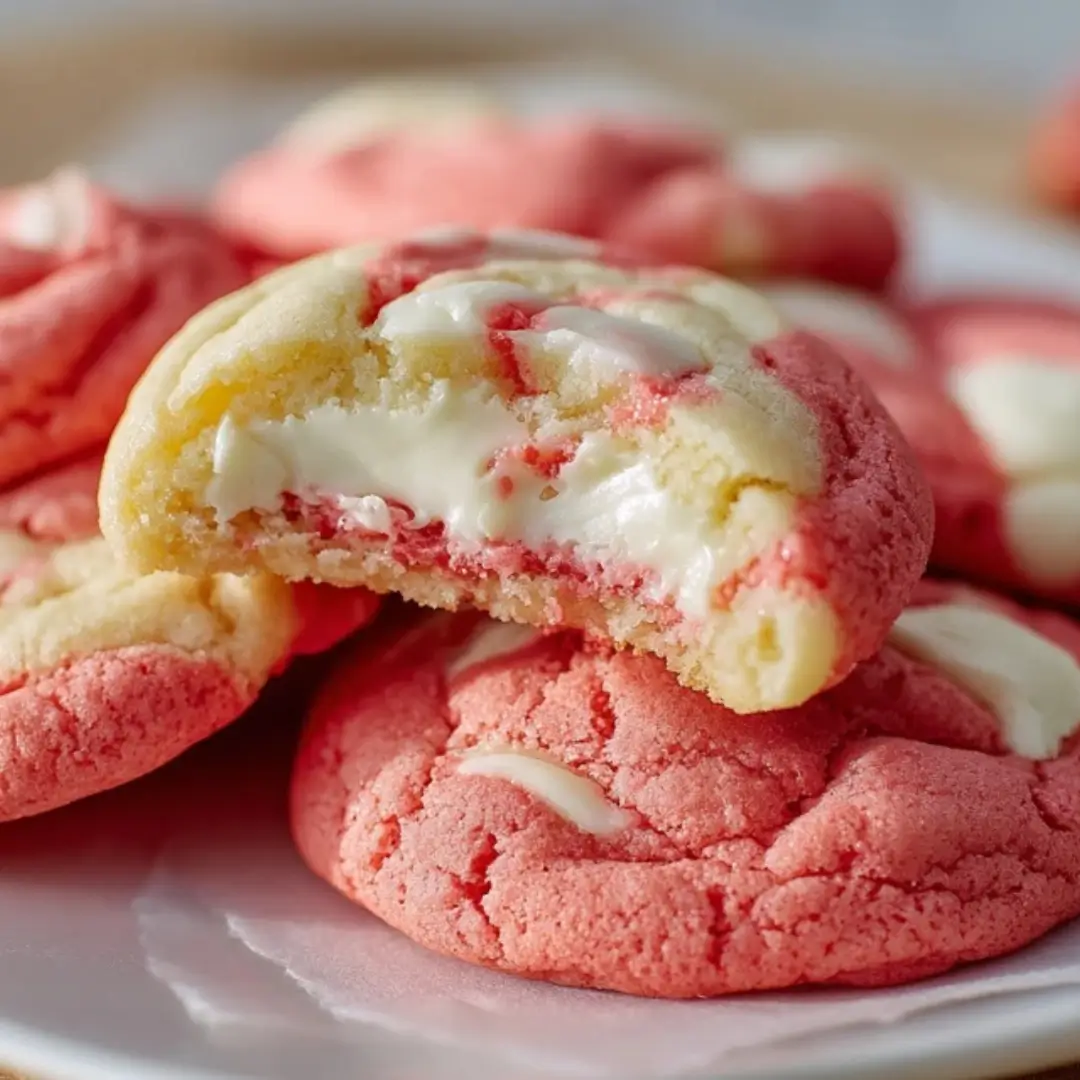 A close-up shot of a soft Strawberry Cheesecake Cookie broken in half to reveal a gooey, creamy white cheesecake filling inside a pink and white marbled dough.