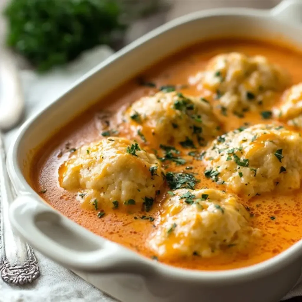 A white baking dish filled with creamy orange tomato soup topped with five large, golden-brown cheddar cheese dumplings garnished with fresh parsley.