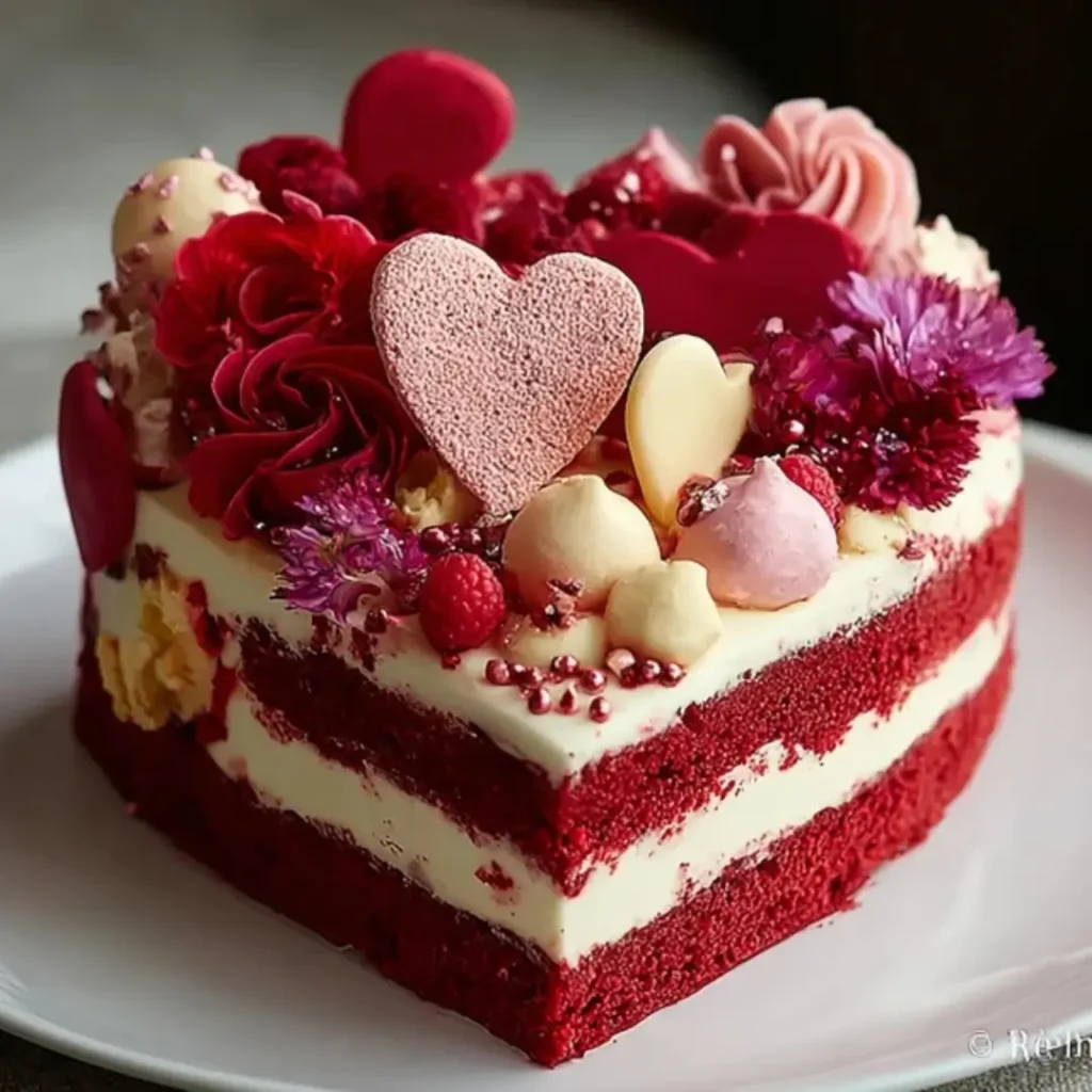 A heart-shaped red velvet layer cake with white cream cheese frosting, lavishly decorated with pink chocolate hearts, raspberries, edible flowers, and macarons.