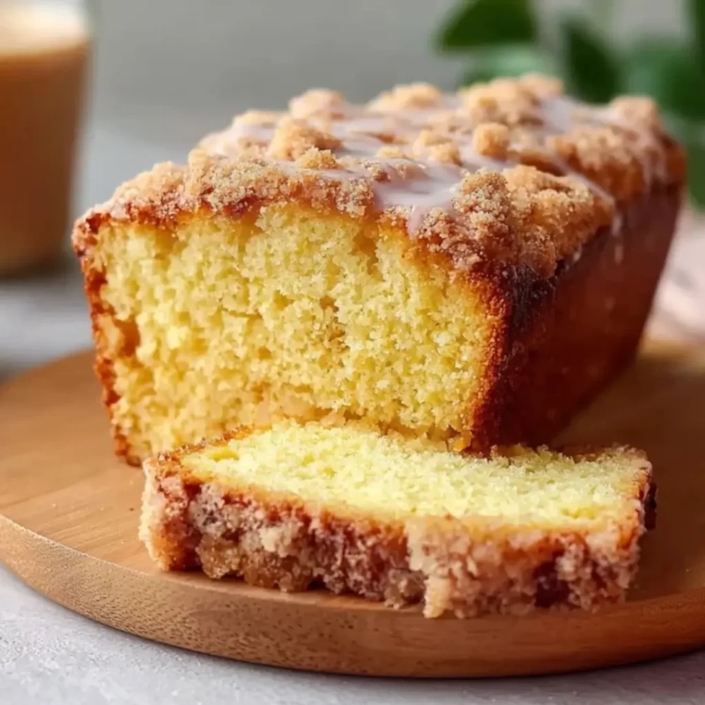 A moist slice of Vanilla Eggnog Bread with a golden interior and thick cinnamon crumb topping on a wooden board.