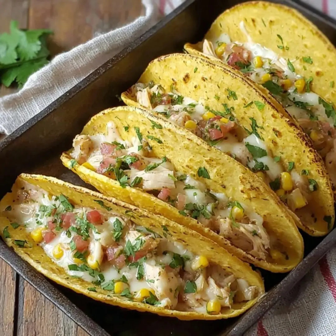 Four creamy white chicken chili tacos in crispy corn shells topped with melted cheese, corn, and fresh cilantro in a dark metal tray.