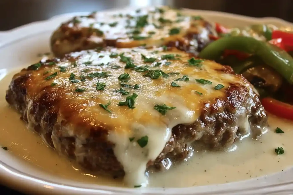 A close-up of Cheesy Salisbury Steak patties on a white plate, covered in melted cheese, gravy, and a parsley garnish.