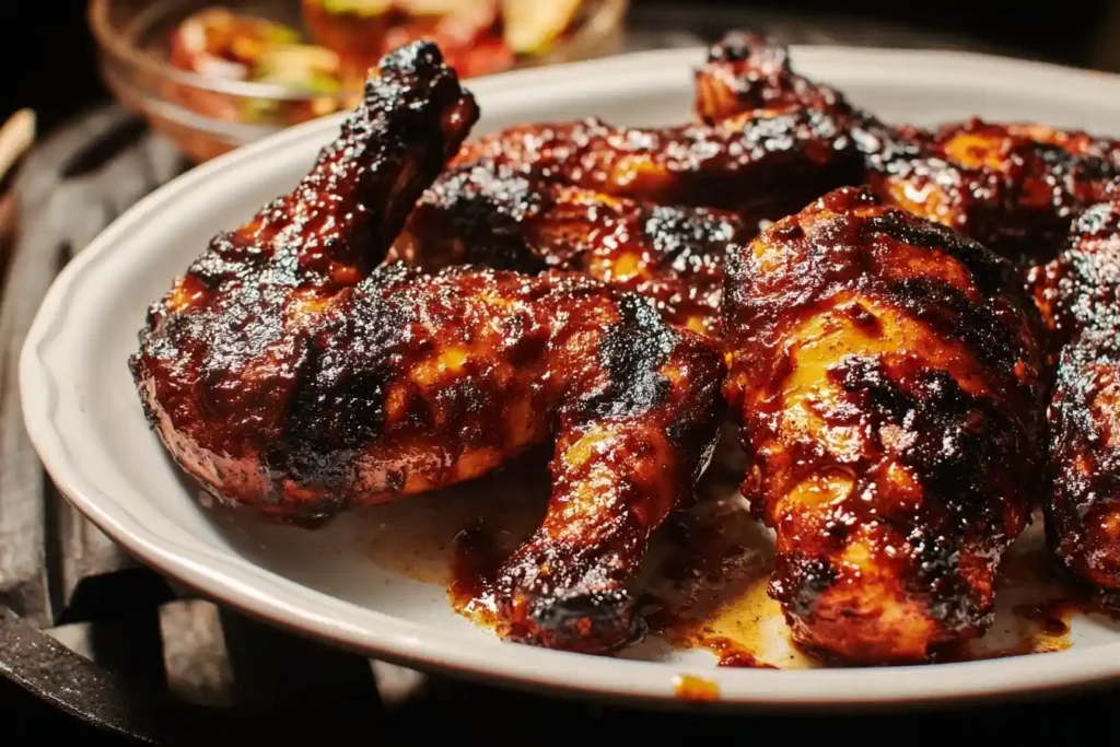 A close-up shot of perfectly charred Grilled BBQ Chicken Legs on a white plate, glistening with a dark, rich barbecue sauce.