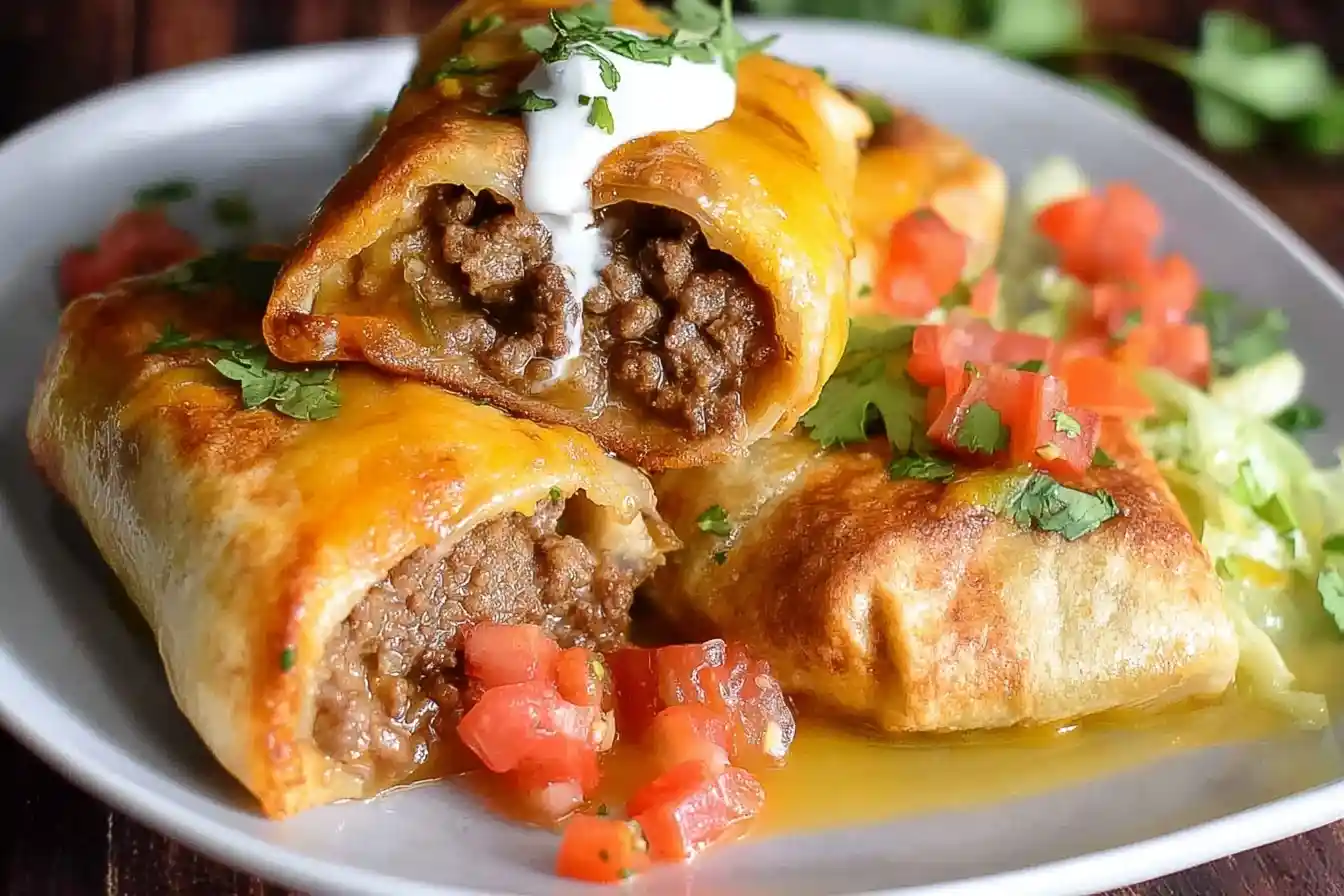A plate of golden-fried beef chimichangas, one sliced open to show the savory ground beef filling, topped with sour cream.