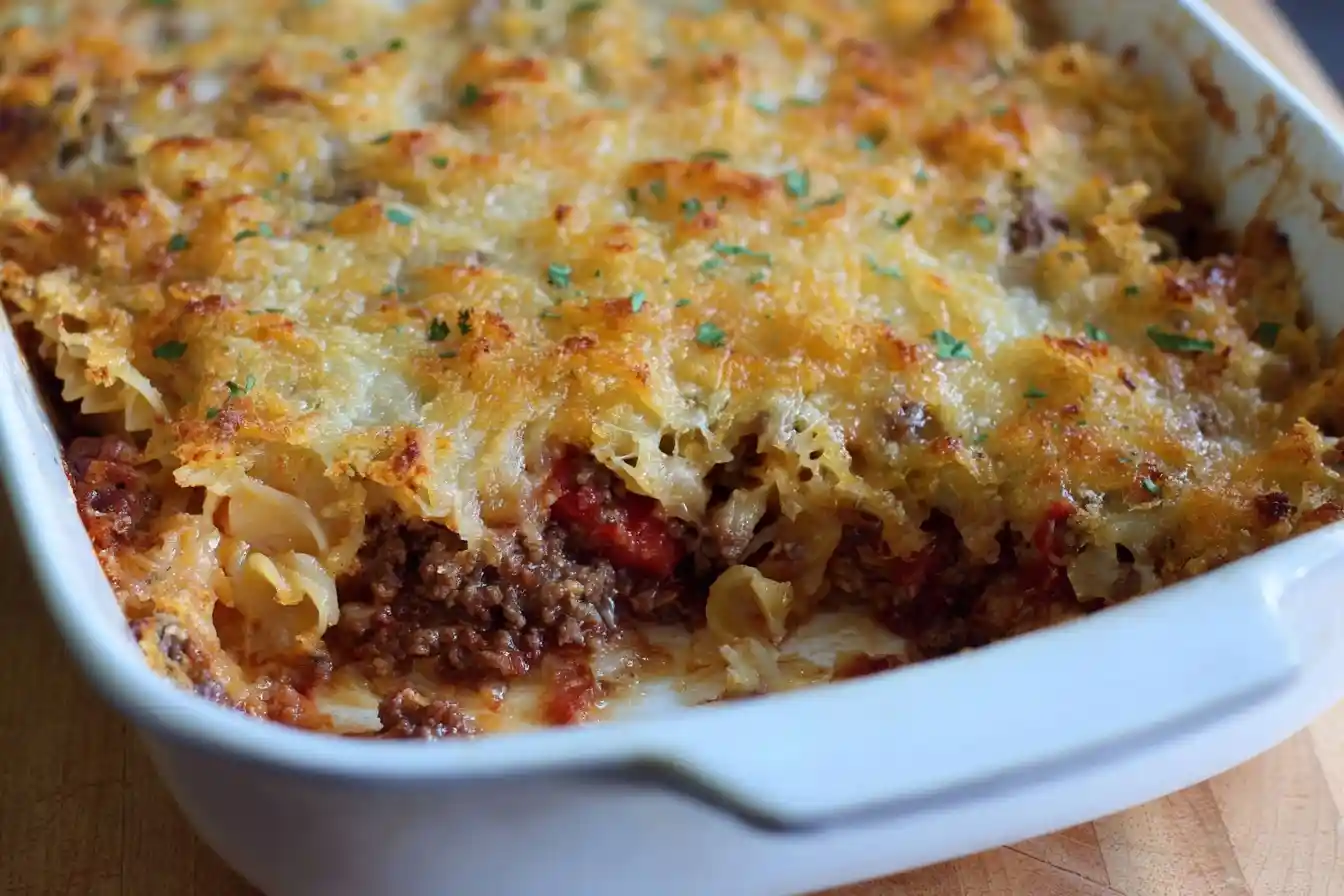 A close-up of a homemade Beef and Noodle Casserole in a white baking dish, showing its cheesy, golden-brown crust.
