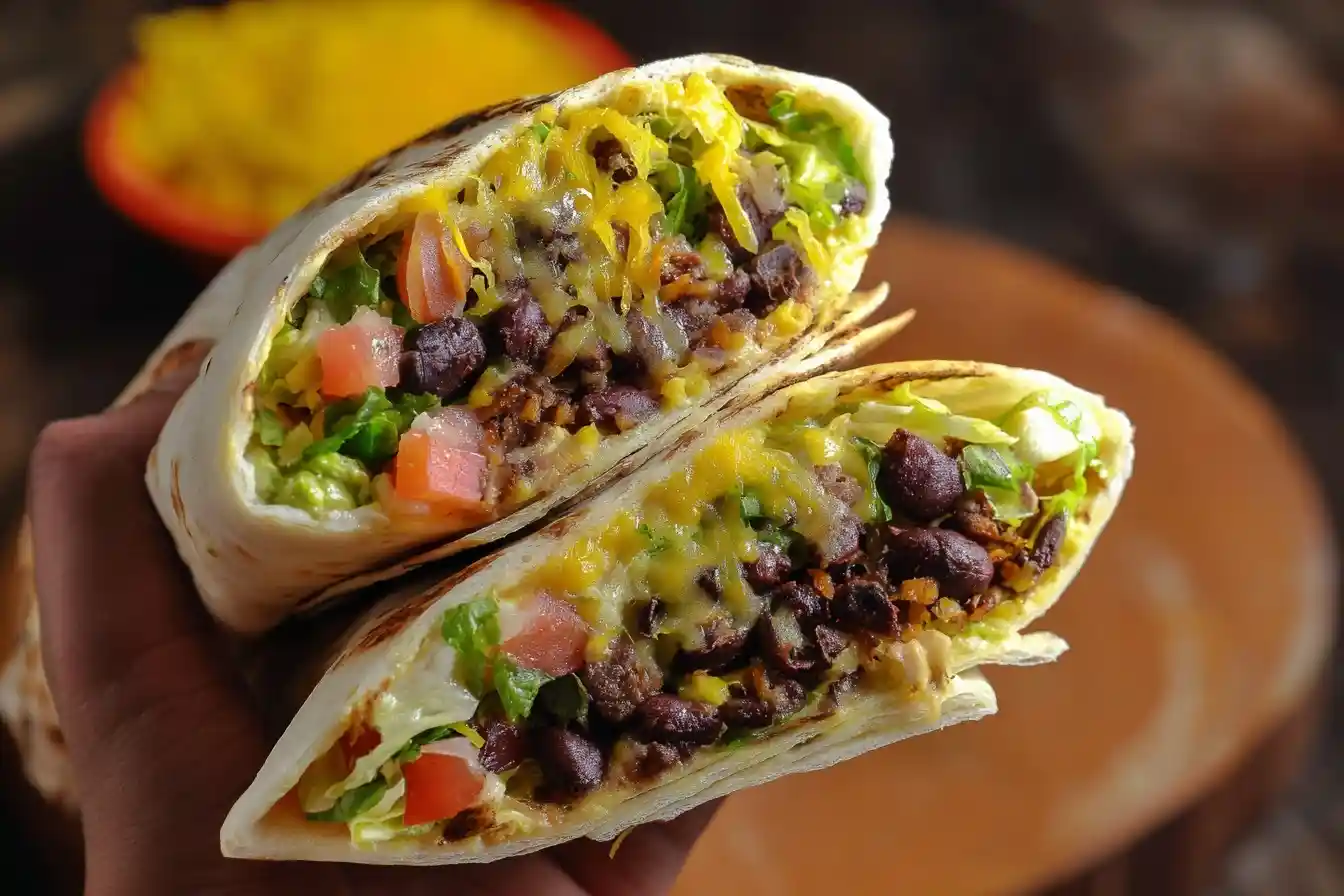 A hand holding a loaded black bean burrito cut in half, revealing ground beef, melted cheese, lettuce, and tomatoes.