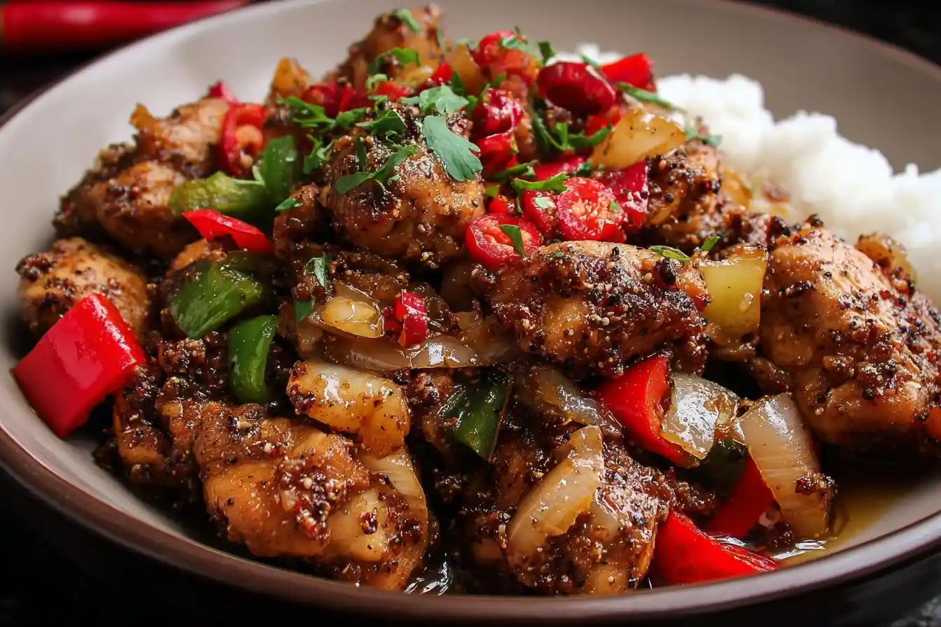 A delicious bowl of homemade Black Pepper Chicken with colorful bell peppers, onions, and fresh chilies served over white rice.